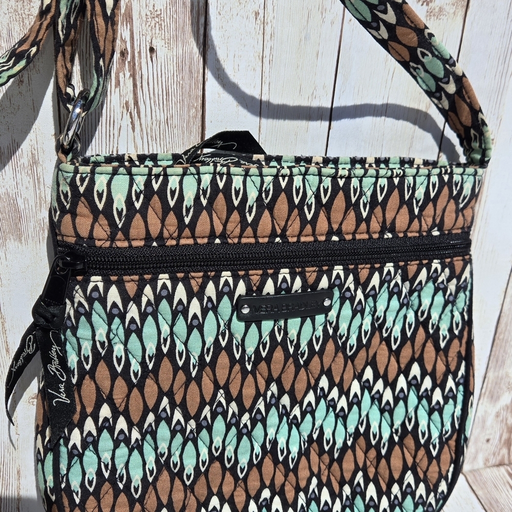 Vera Bradley Small Crossbody Bag Teal Brown Feather Print Adjustable Strap EUC - Picture 2 of 13